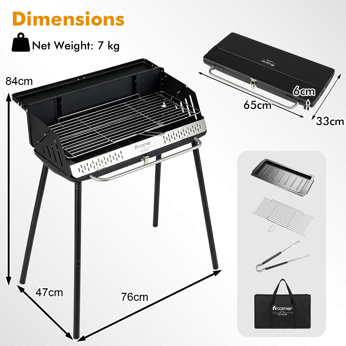 64 x 25 CM Portable Charcoal Grill with Detachable 2-Section Legs and 2-Level Adjustable Grate