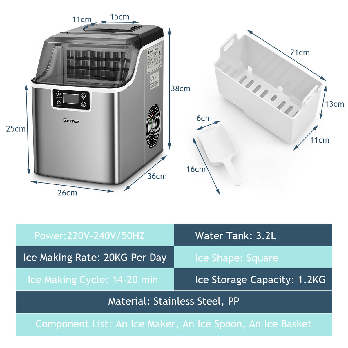 Commercial Electric Countertop Ice Maker Machine Self-Cleaning 20KG/24H for Home