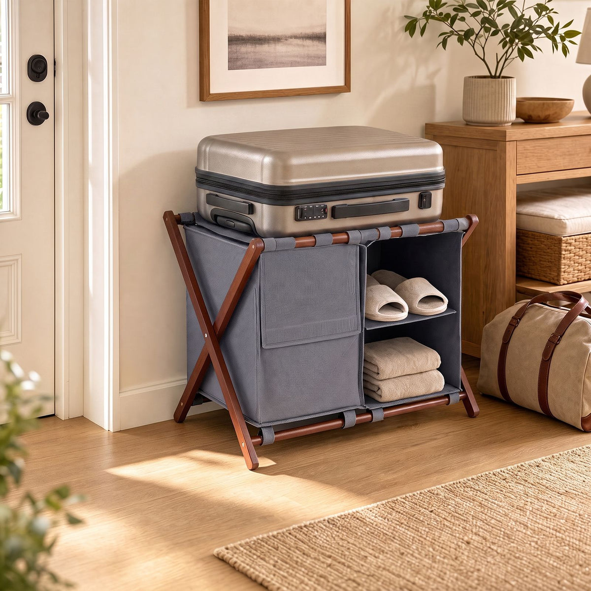 68 cm Bamboo Luggage Rack with Compartments