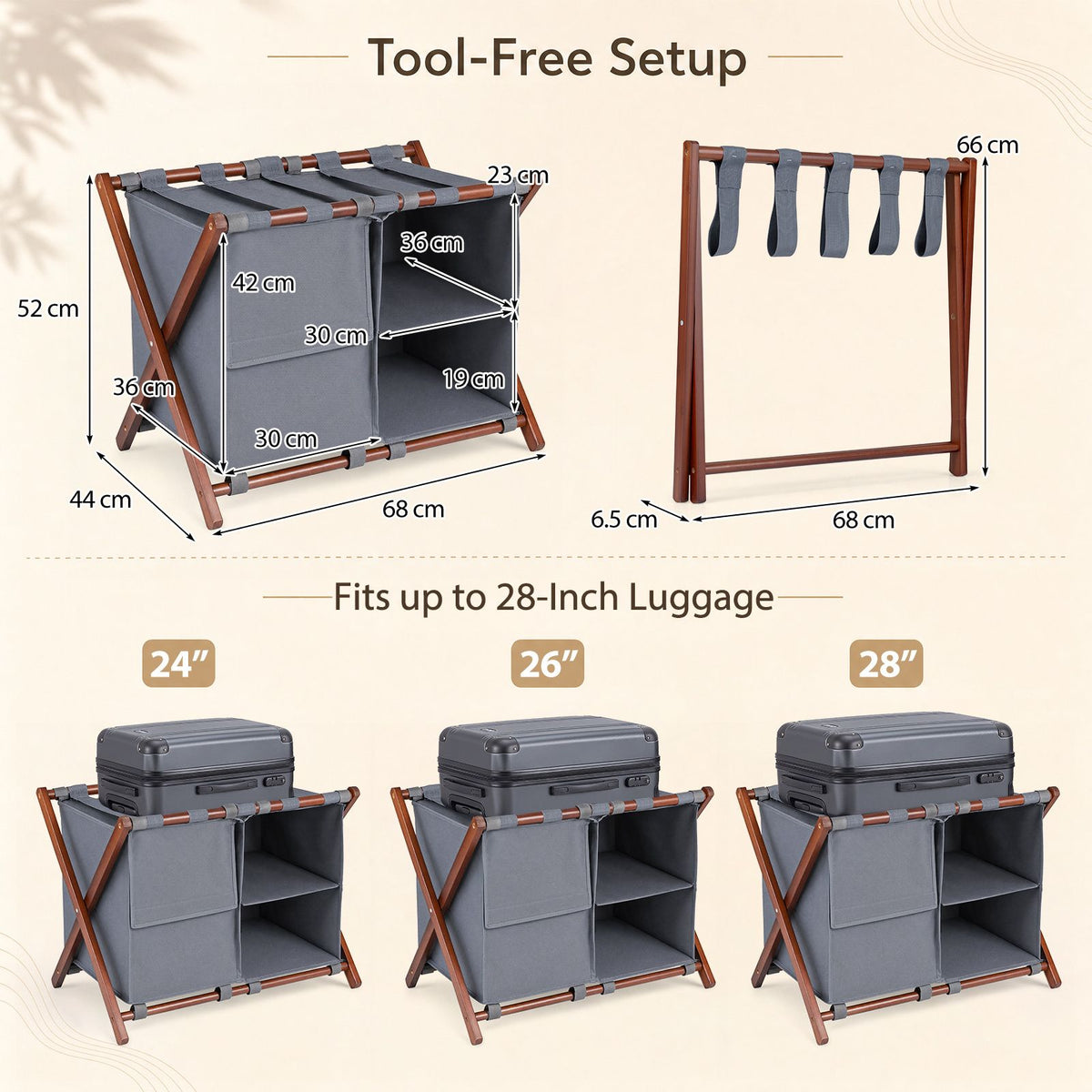 68 cm Bamboo Luggage Rack with Compartments
