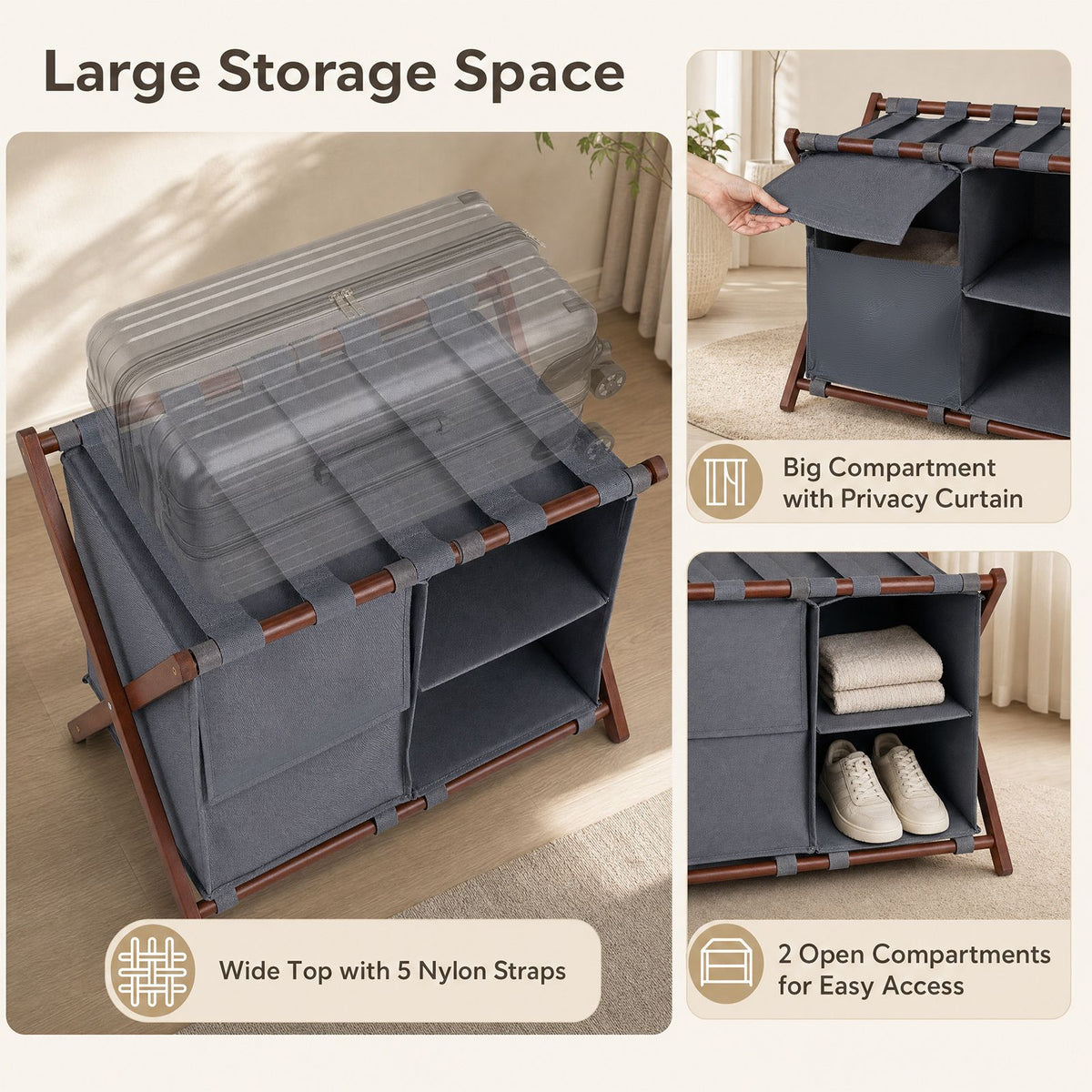 68 cm Bamboo Luggage Rack with Compartments
