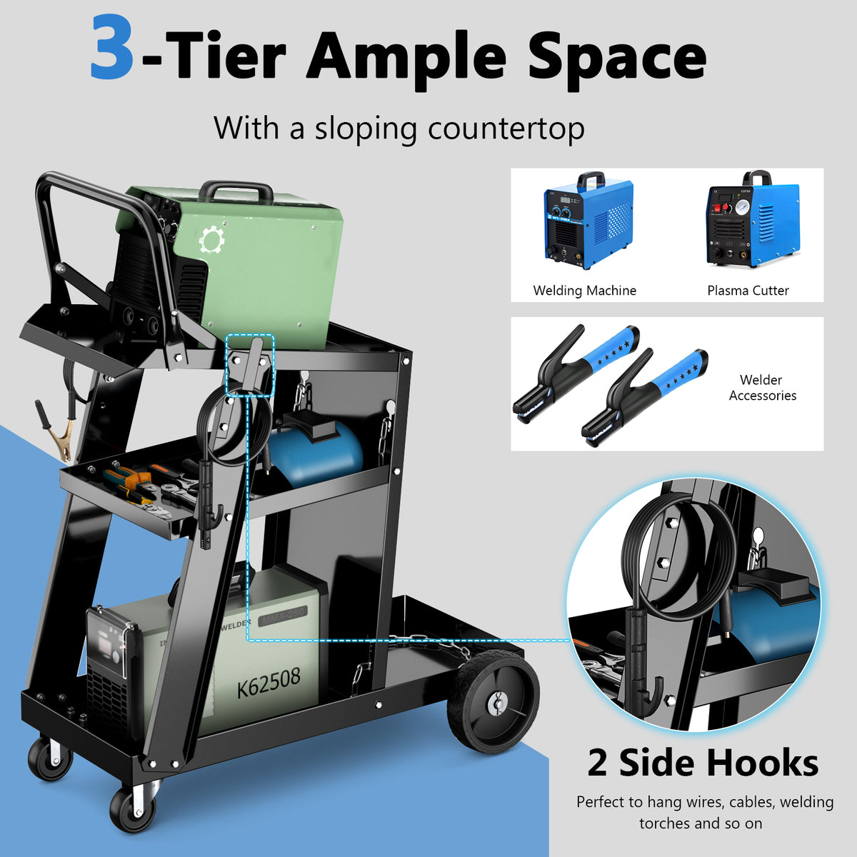 3-Tier Welding Cart, Rolling Welder Cart w/ Tilt-Table & 4 Wheels