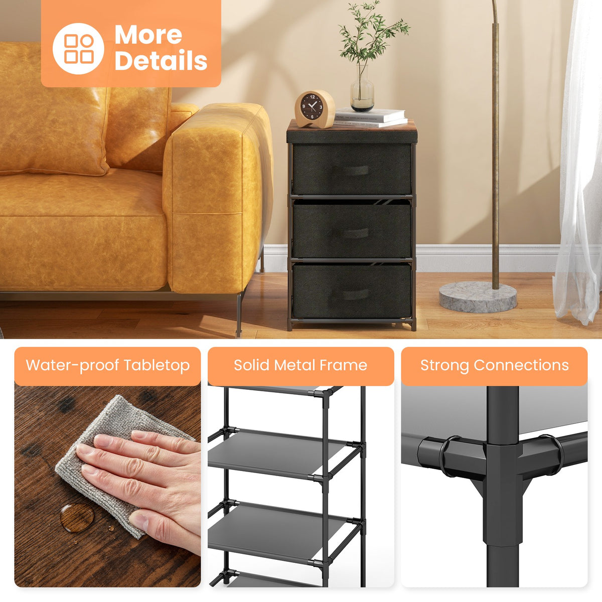 3-Tier Fabric Dresser Fabric Nightstand w/ 3 Drawers Storage Dresser for Bedroom
