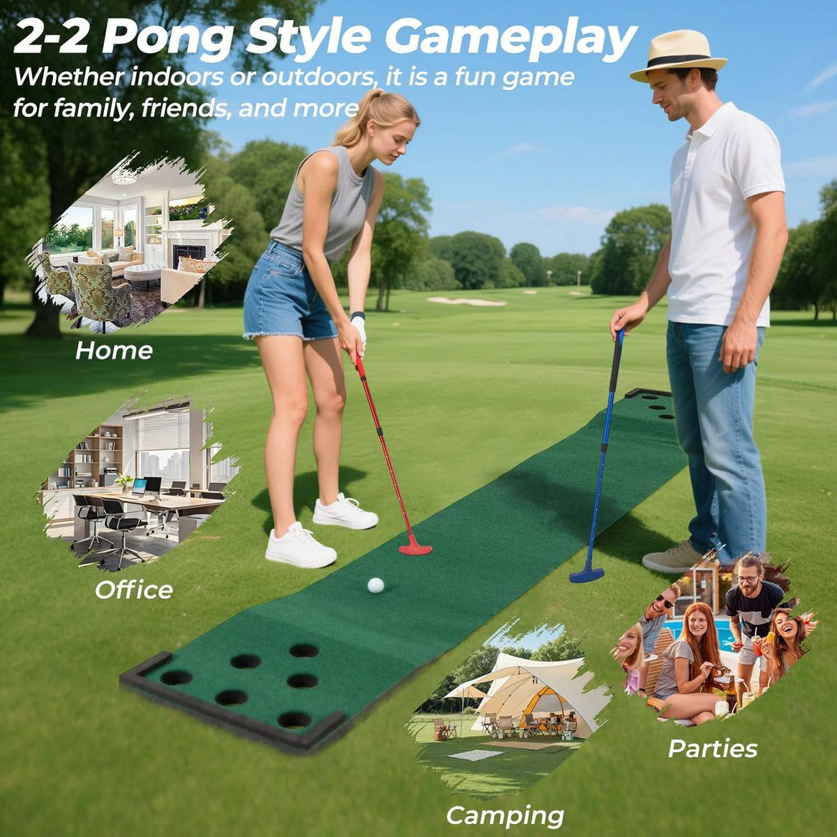 Golf Pong Game Set, Portable Golf Putting Mat with 2 Adjustable Putters