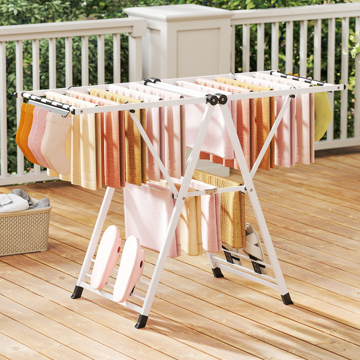 Foldable Metal Laundry Drying Rack with Height Adjustable Wings, 16 Drying Rails