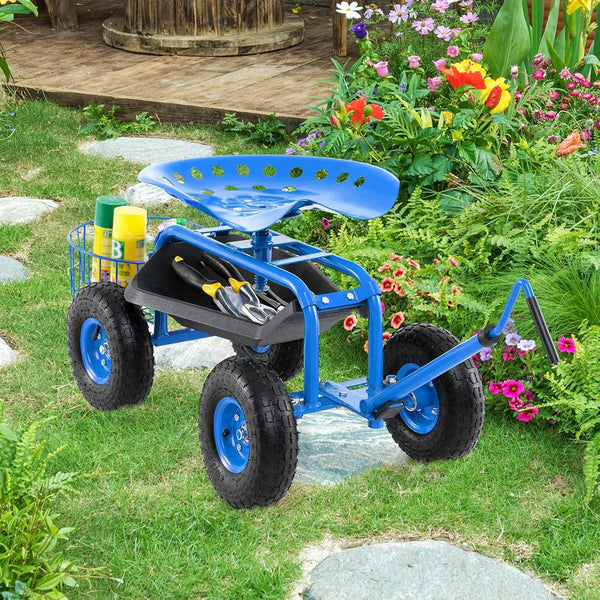 Garden Rolling Scooter w/ Storage Basket, Adjustable Seat