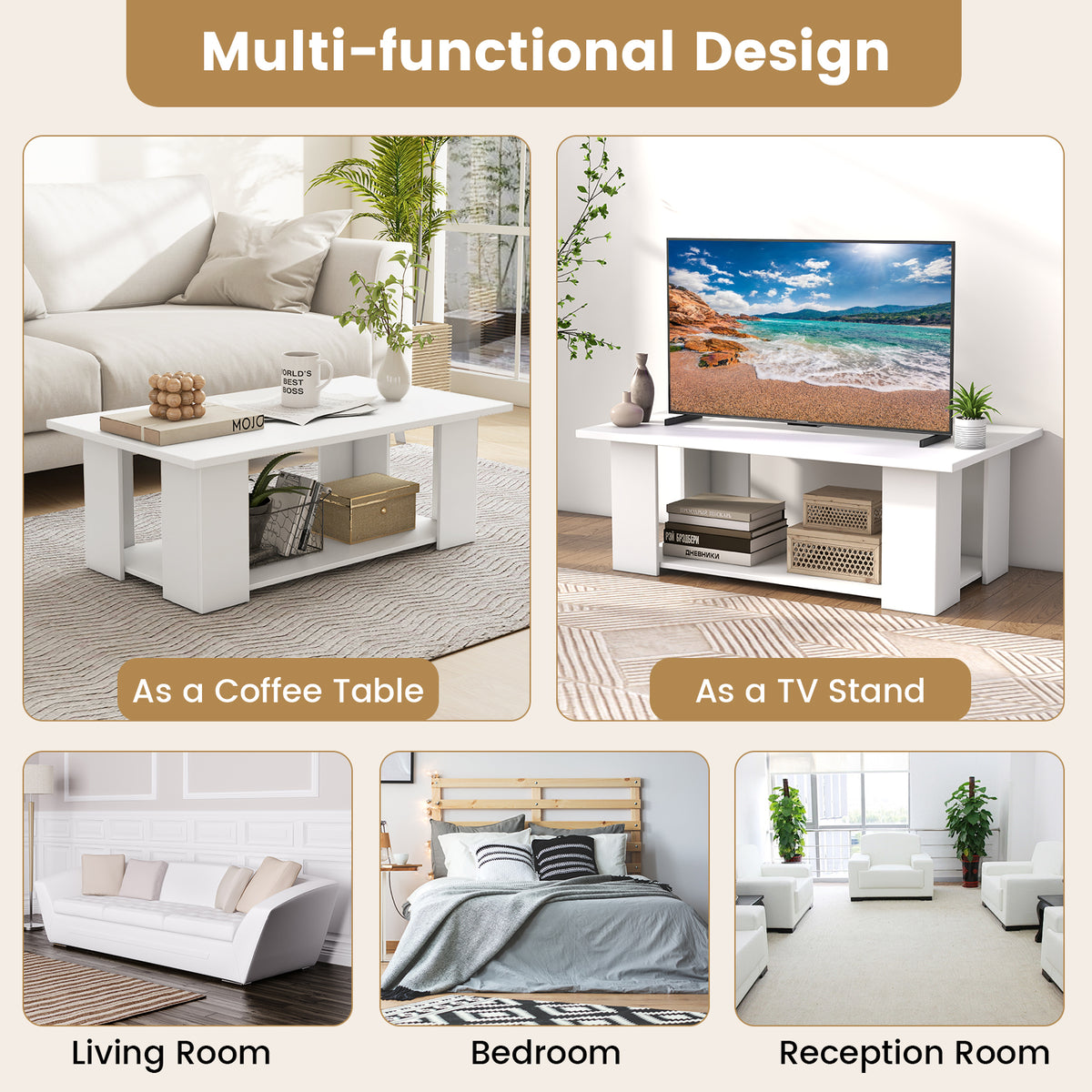 Giantex Modern Coffee Table w/Storage Shelf, Large 2-Tier Wooden Tea Table w/Open Shelf, White