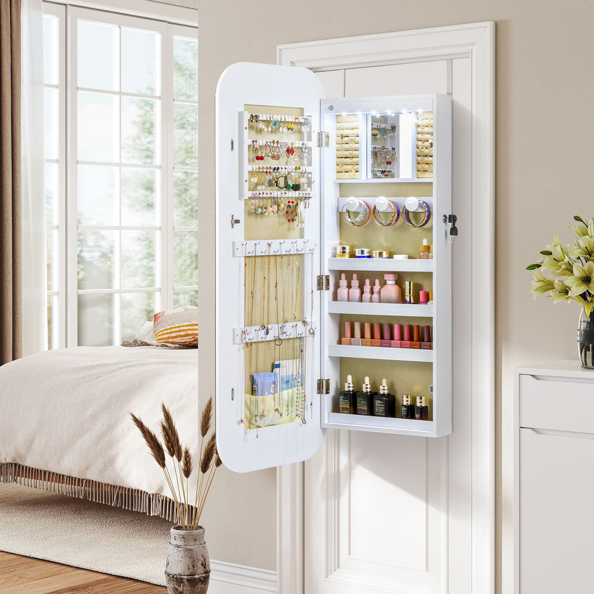 6 LEDs Wall or Door Mounted Mirror Jewelry Cabinet with Full-Length Rounded Mirror