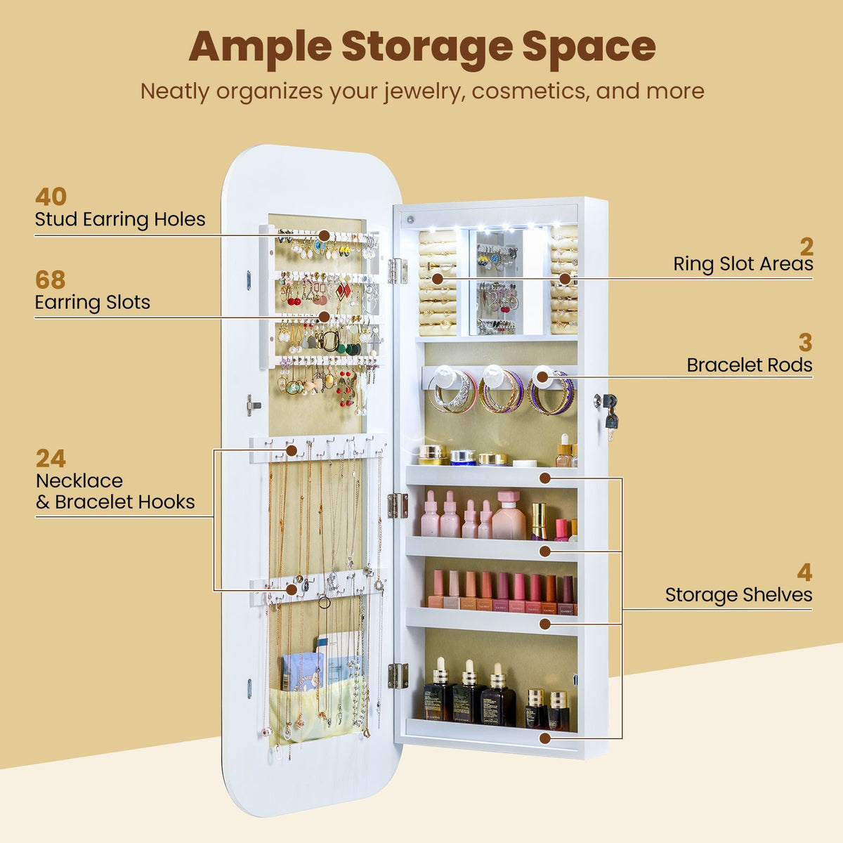 6 LEDs Wall or Door Mounted Mirror Jewelry Cabinet with Full-Length Rounded Mirror