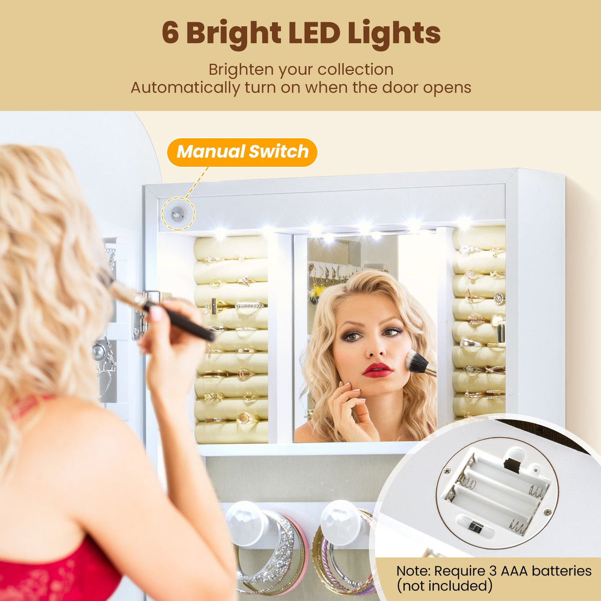 6 LEDs Wall or Door Mounted Mirror Jewelry Cabinet with Full-Length Rounded Mirror