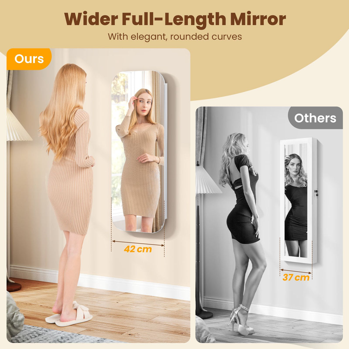 6 LEDs Wall or Door Mounted Mirror Jewelry Cabinet with Full-Length Rounded Mirror