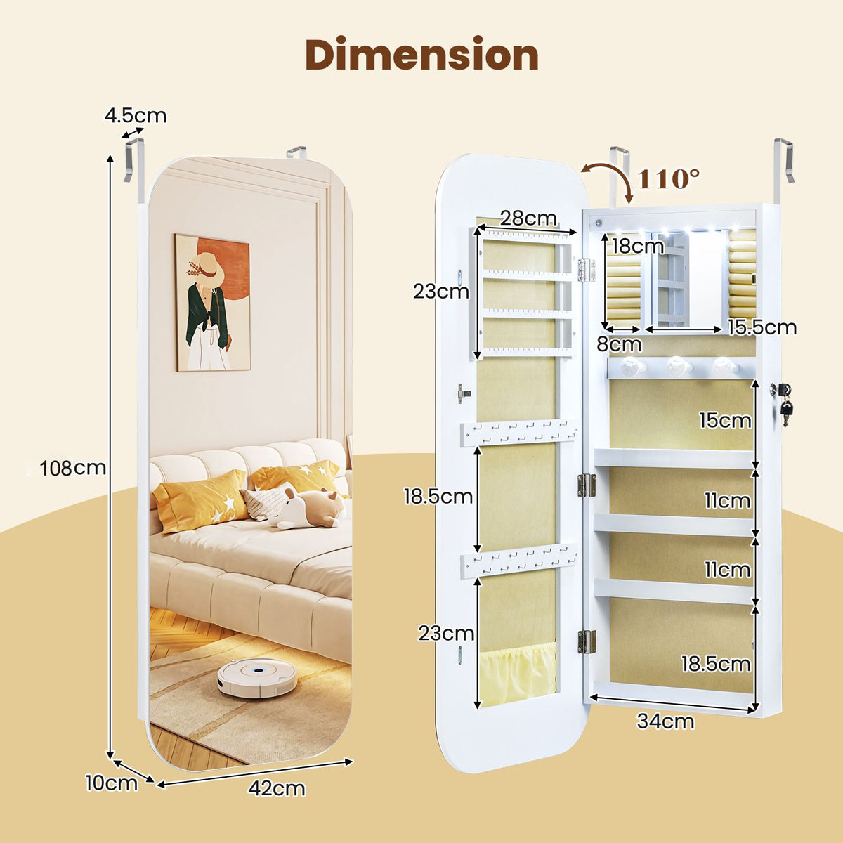 6 LEDs Wall or Door Mounted Mirror Jewelry Cabinet with Full-Length Rounded Mirror