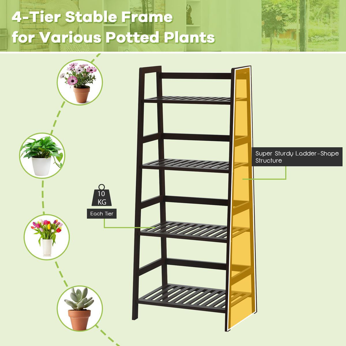 Freestanding 4-Tier Bamboo Plant Rack with Guardrails