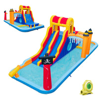 Inflatable Water Slide, 6-in-1 Water Park w/Dual Slides, Climbing Wall, Water Cannon (Without Blower)