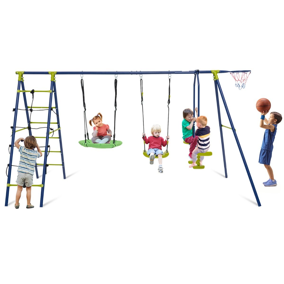 6-in-1 Patio Kids Swing Set Metal Frame with Swings and Climbing Ladder