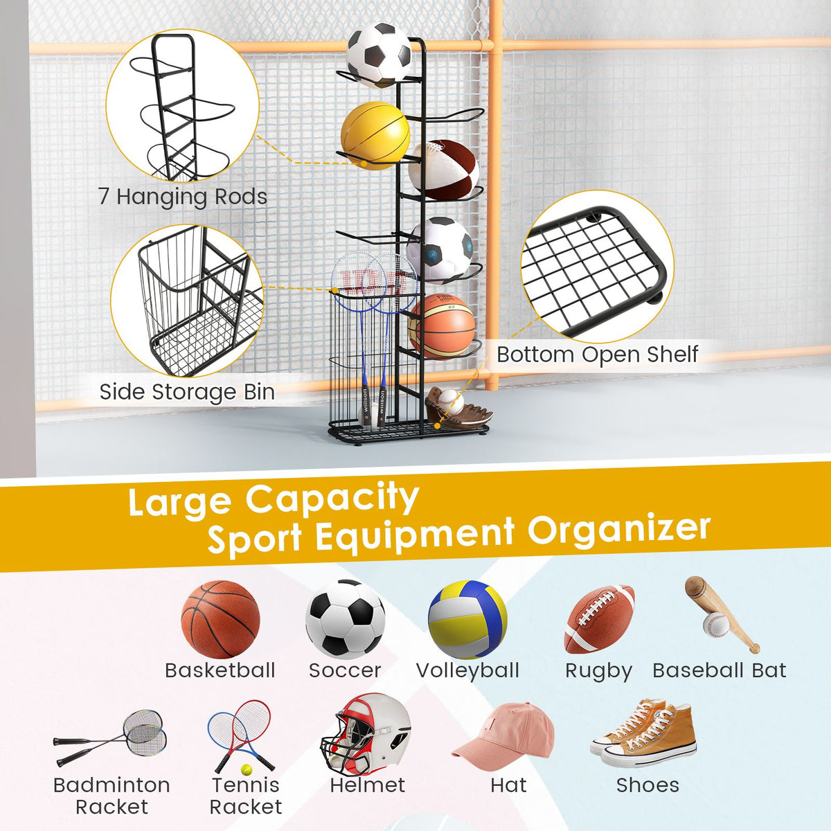 7-Tier Basketball Ball Storage Rack with 7 Removable Rods and Baskets