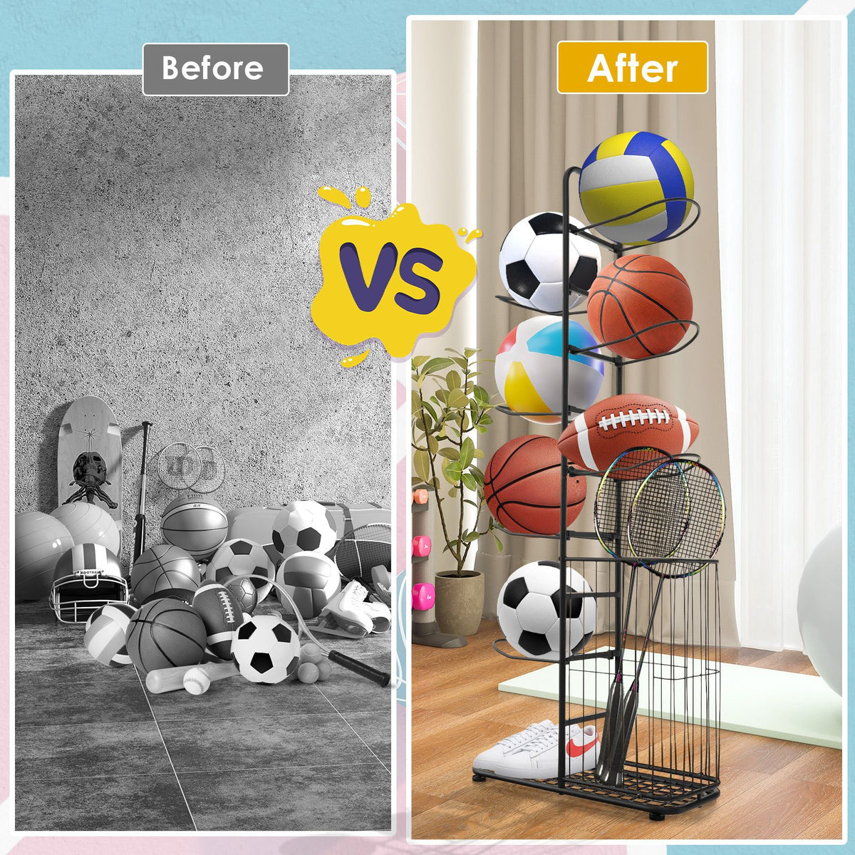 7-Tier Basketball Ball Storage Rack with 7 Removable Rods and Baskets