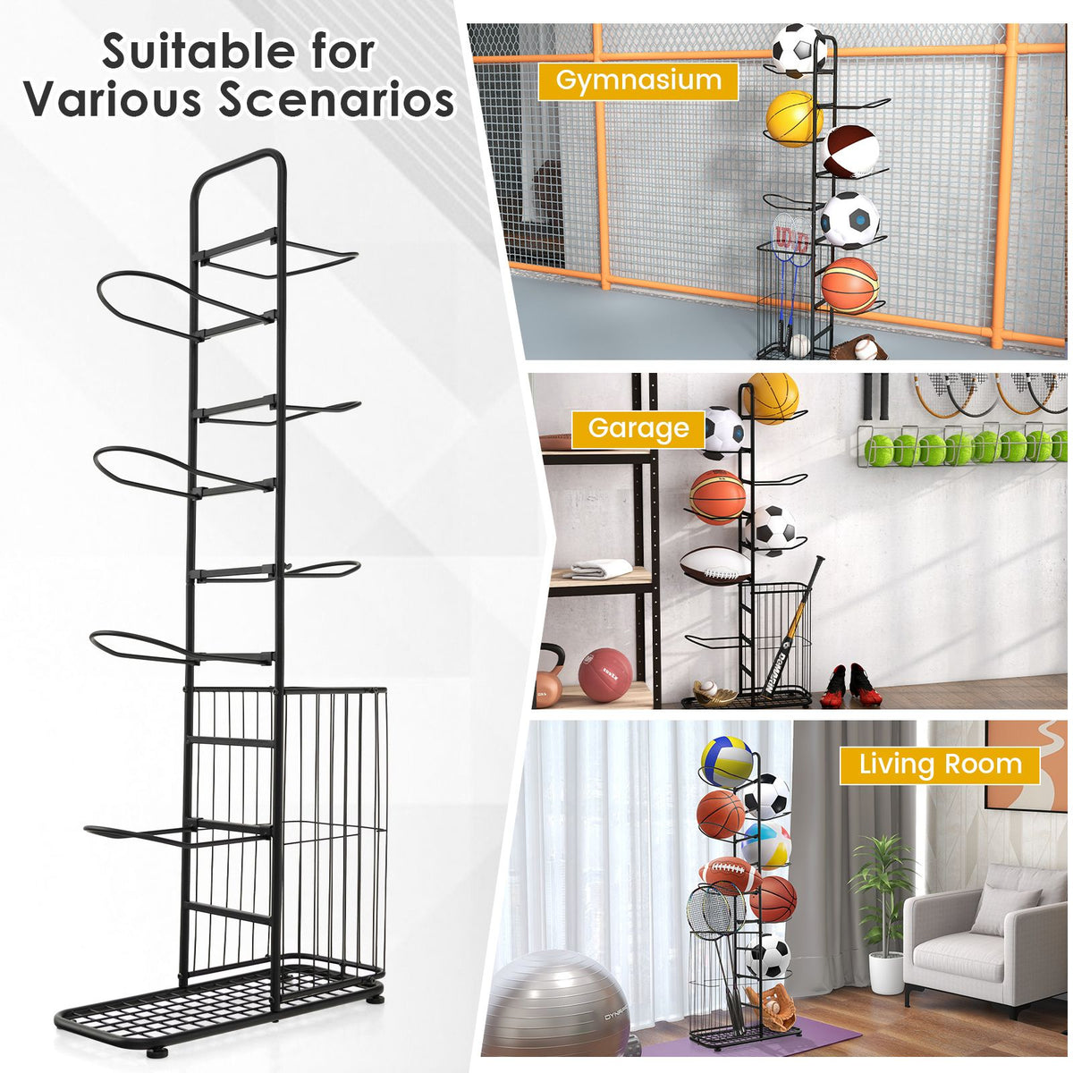 7-Tier Basketball Ball Storage Rack with 7 Removable Rods and Baskets
