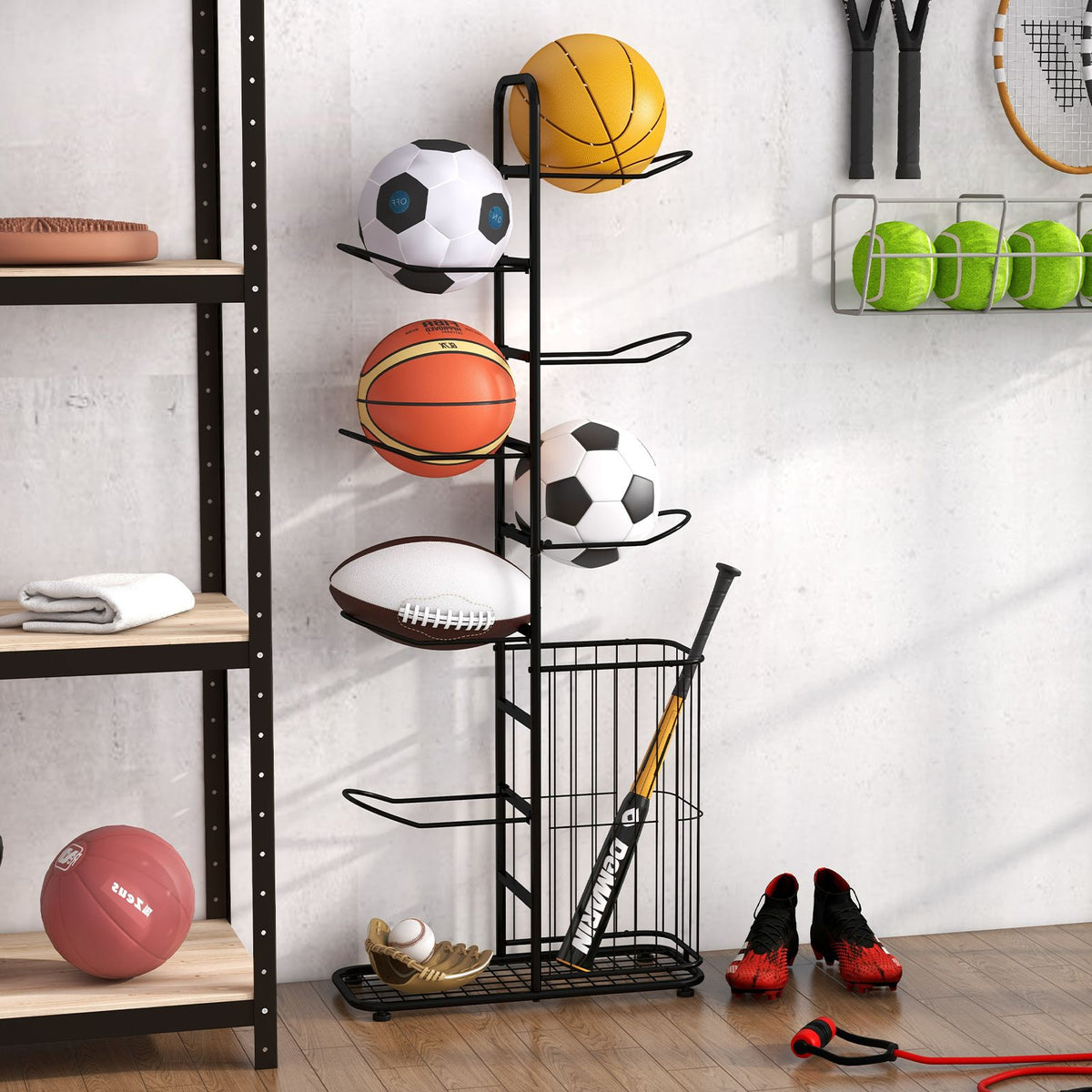 7-Tier Basketball Ball Storage Rack with 7 Removable Rods and Baskets