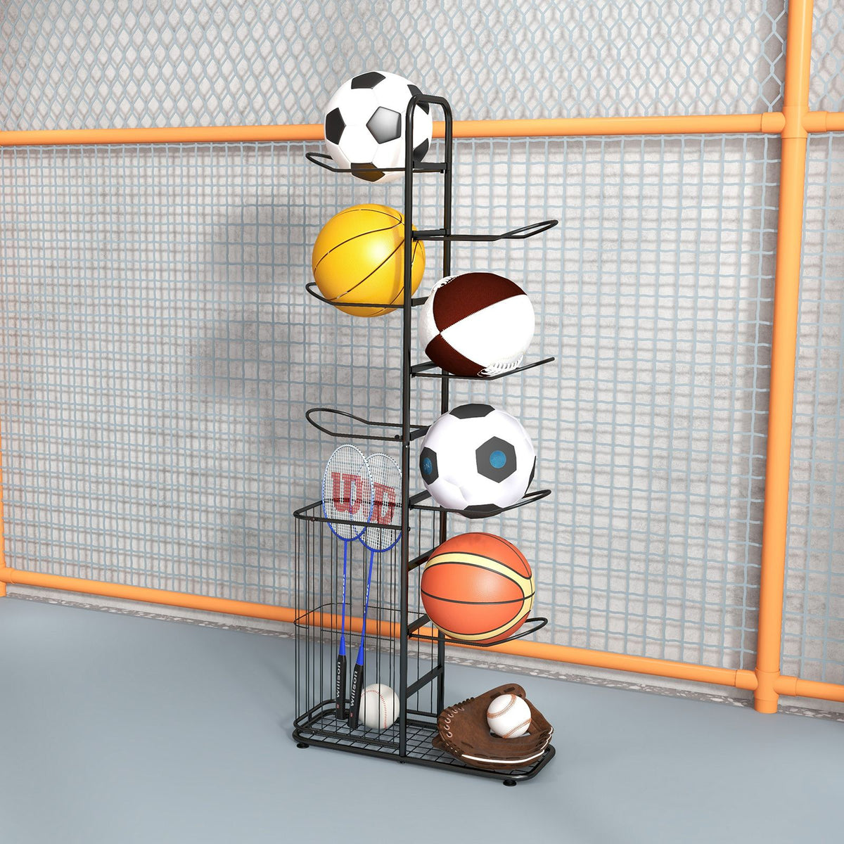 7-Tier Basketball Ball Storage Rack with 7 Removable Rods and Baskets