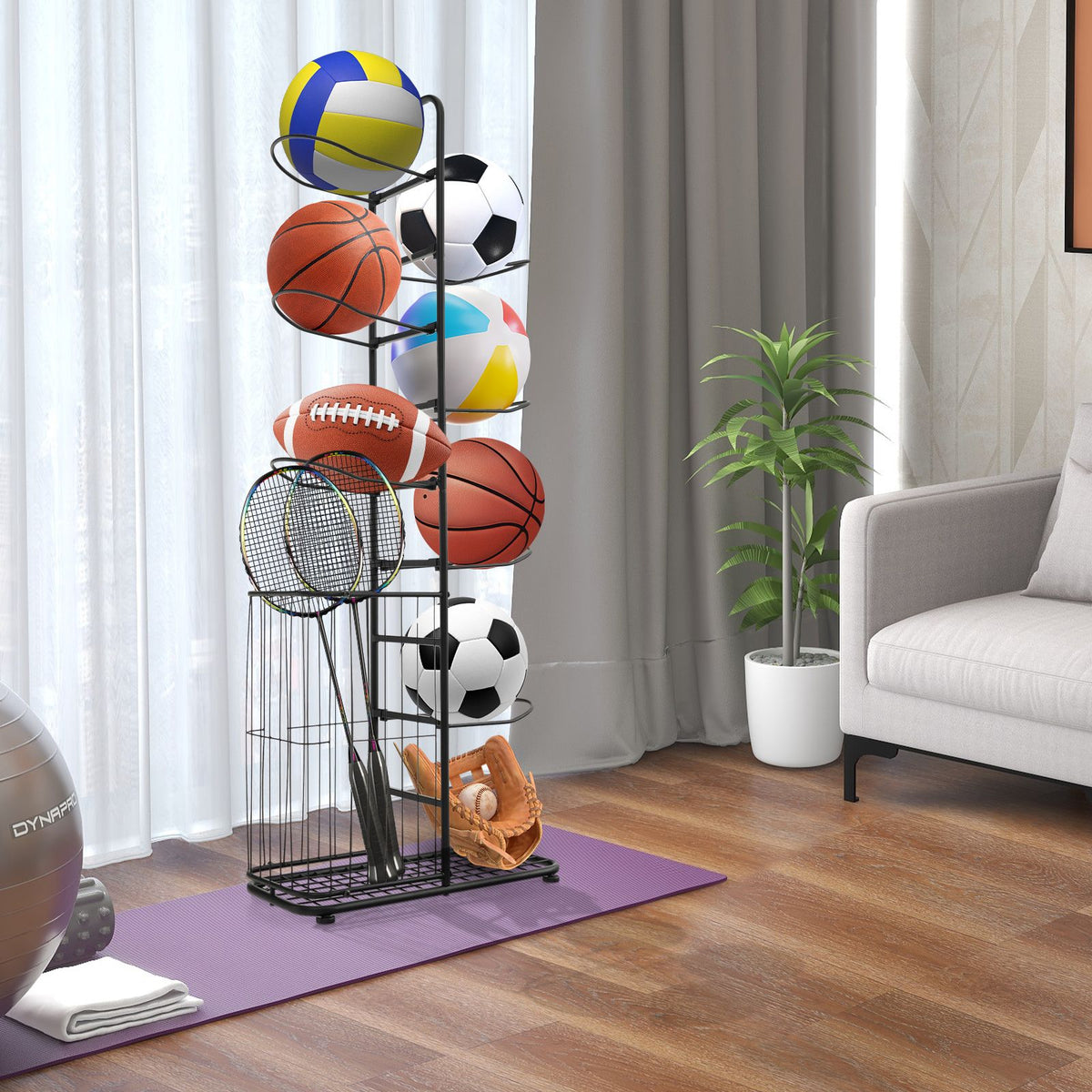 7-Tier Basketball Ball Storage Rack with 7 Removable Rods and Baskets