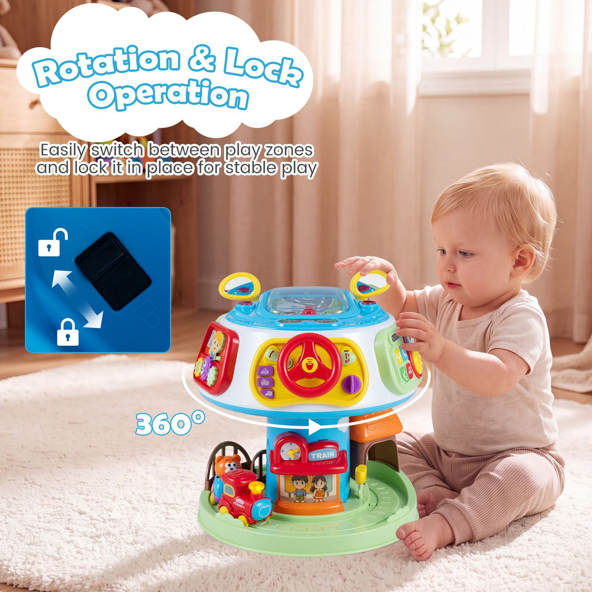 7-in-1 Interactive Toddler Activity Cube Rotatable Busy Board