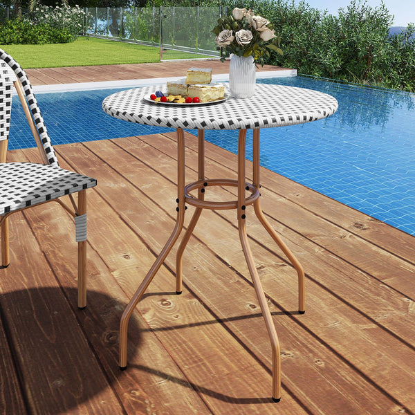 3PCS Outdoor French Wicker Round Table and 2 Dining Chairs with Metal Frame for Garden
