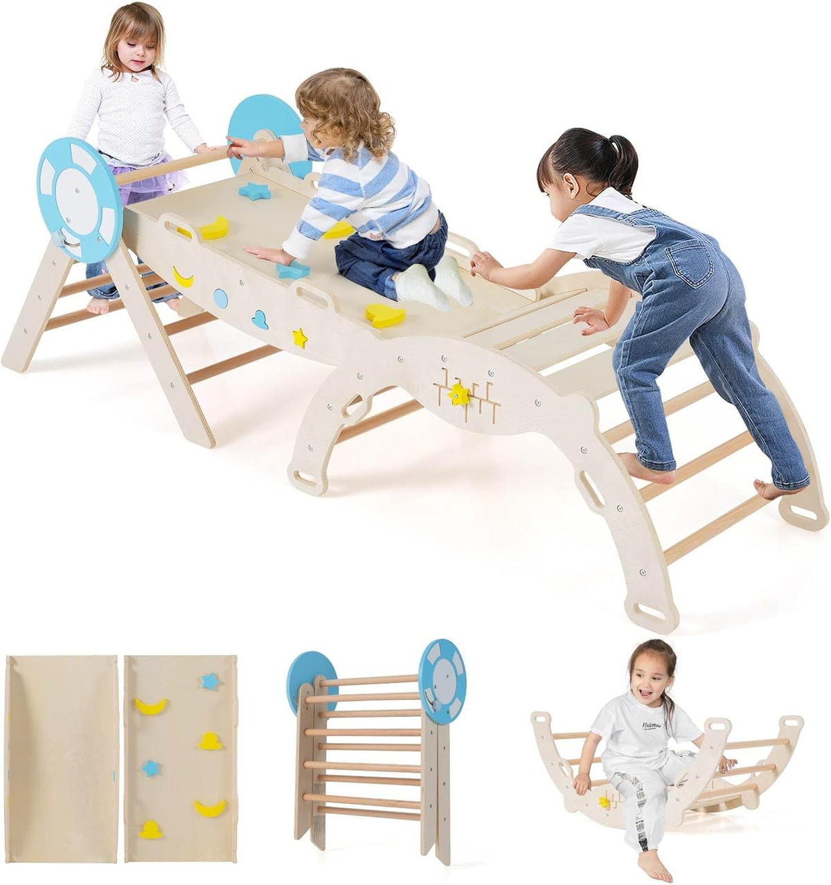 Foldable Montessori Climbing Toys w/Arch Climber, Reversible Ramp, Climbing Rope