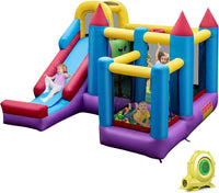 Inflatable Kids Bouncy House, Jumping Castle Trampoline, w/Slide, Jump Area, Climbing Wall, Basketball Hoop