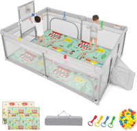 Baby Playpen with Double-Sided Mat, 204 × 147 cm Baby Playard w/Basketball Hoop, Soccer Nets, 4 Pull Rings, 50 Ocean Balls