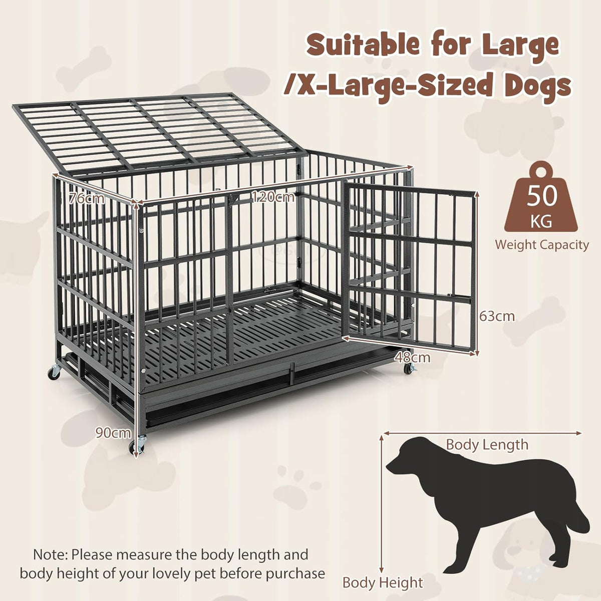 96CM/120CM Foldable Heavy-Duty Metal Dog Cage W/Lockable Rolling