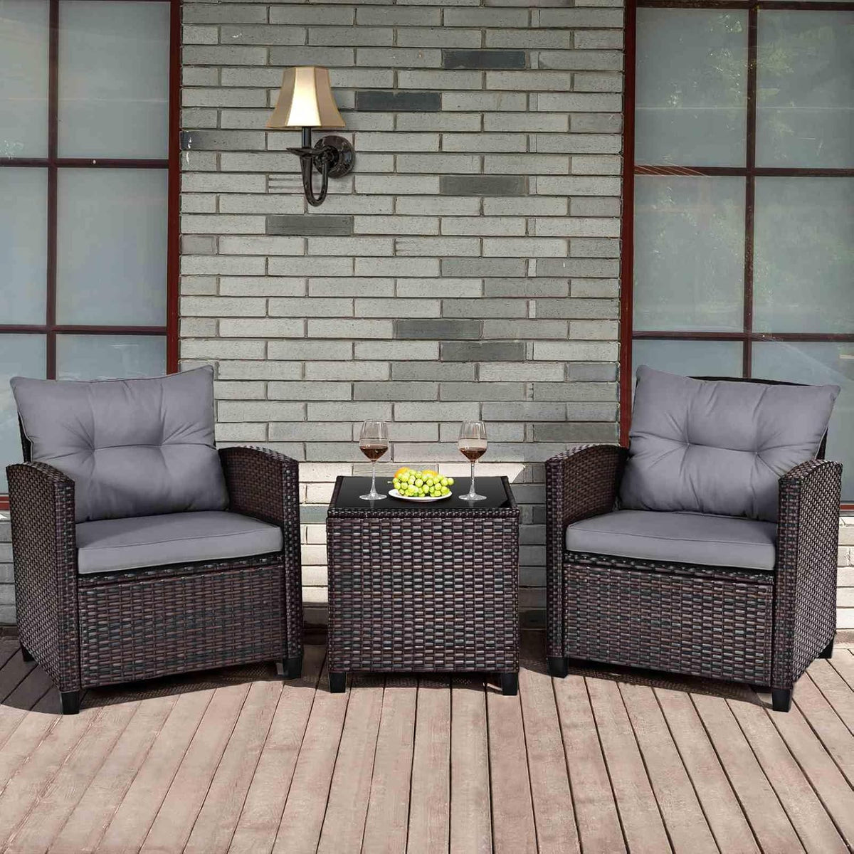 3 Pieces Patio Lounge Set, PE Rattan Wicker Outdoor Sofa Set w/Washable Cushion and Tempered Glass Tabletop