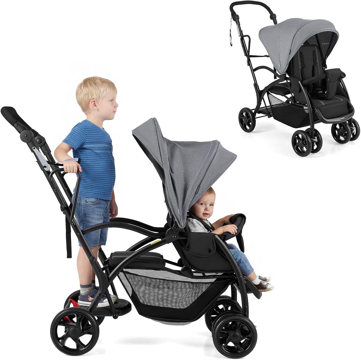 Sit and Stand Stroller, Foldable Double Stroller with Wristband