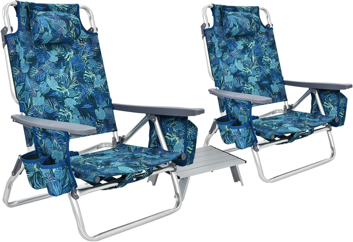 Giantex 2-Pack Folding Backpack Beach Chair Table Set 5-Position Outdoor Reclining Chair