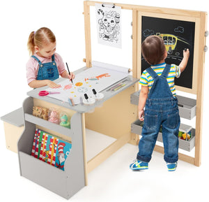 Kids Art Table & Bench Set with Double-Sided Adjustable Easel