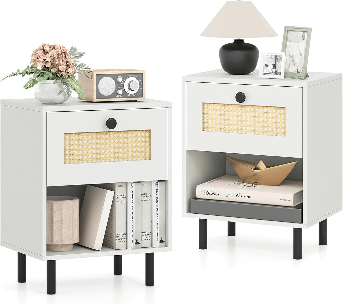 Rattan Nightstand with Drawer and Open Storage Shelf for Living Room and Bedroom