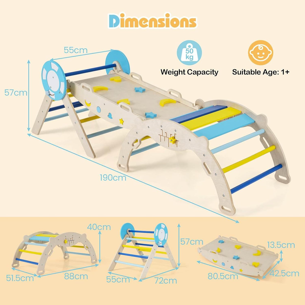 Foldable Montessori Climbing Toys w/Arch Climber, Reversible Ramp, Climbing Rope