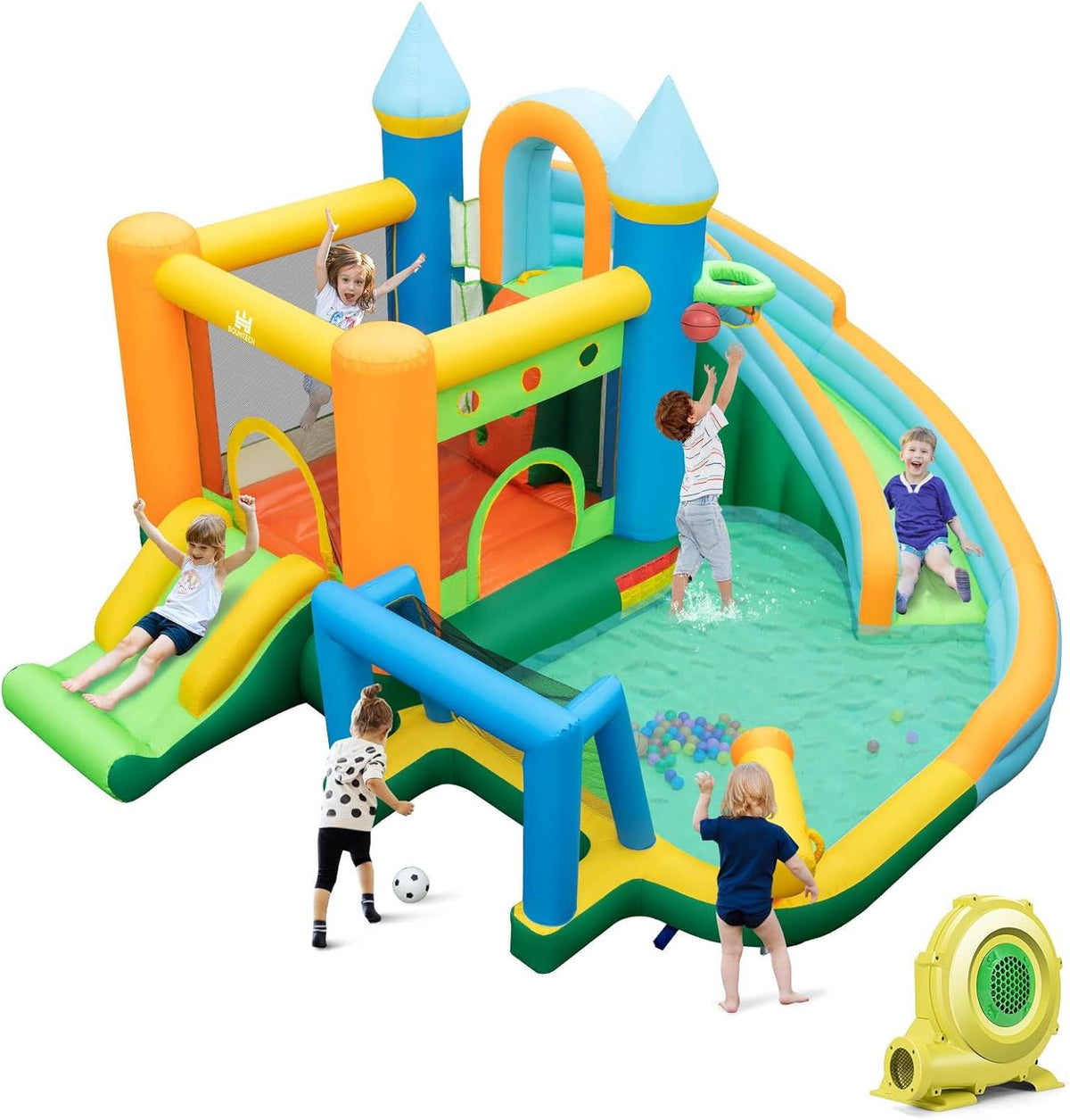 Inflatable Water Slide, Blowup Water Park w/Dual Slides, Splash Pool, Climbing Wall (Without Blower)