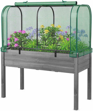 Wooden Raised Garden Bed w/ Sun-Protective PE Cover Elevated Planter Box w/ Legs