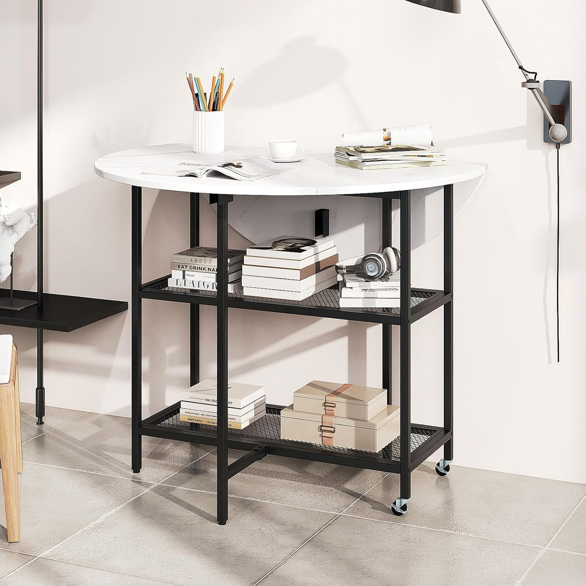 Mobile Folding Dining Table Seats 2-4 People, Round Drop Leaf Kitchen Table