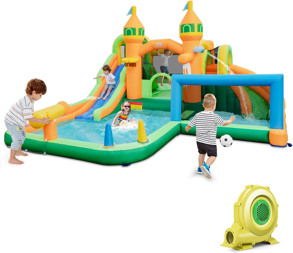 Inflatable Water Slide, Kids Water Park w/Long Slides, Splash Pools, Climbing Wall, Water Gun