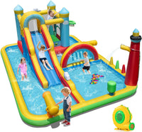 Inflatable Water Slide, Giant Water Park w/ Long Slide, Jumping Area, Climbing Wall, Splash Pools