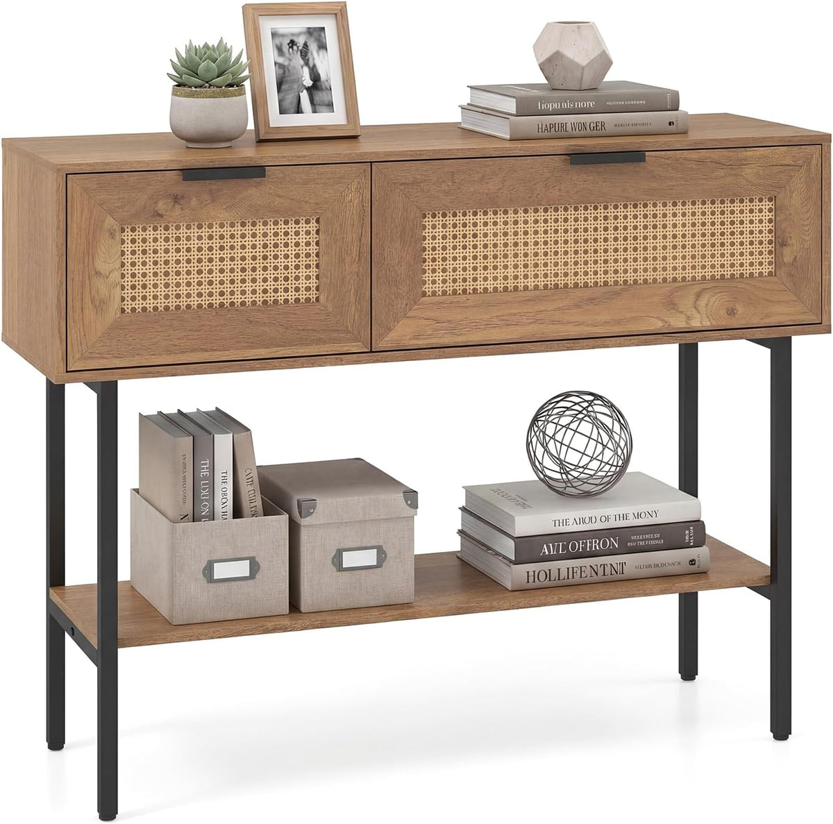 Rattan Console Table with Flip Doors and Open Storage Shelf