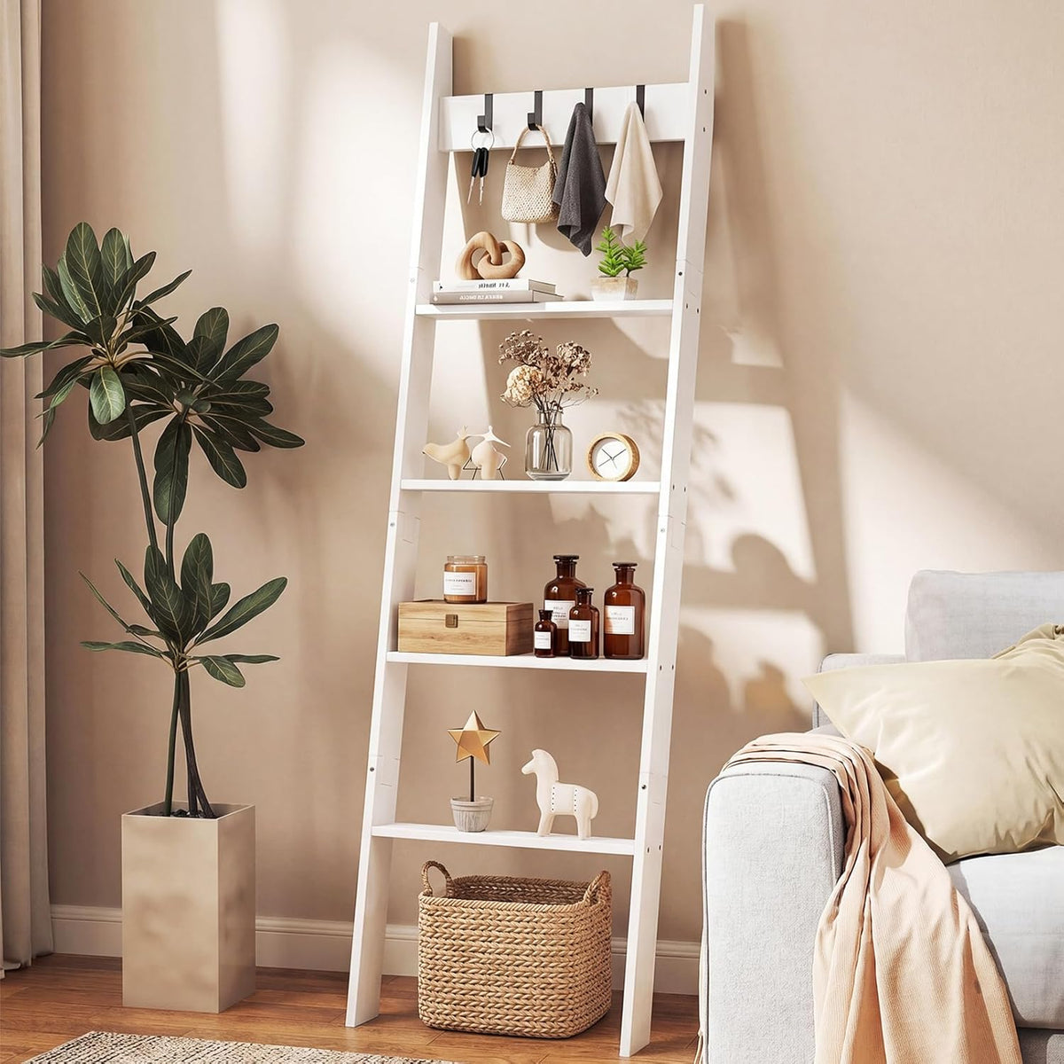 5-Tier Blanket Ladder, 148cm Bamboo Decorative Ladder Shelf