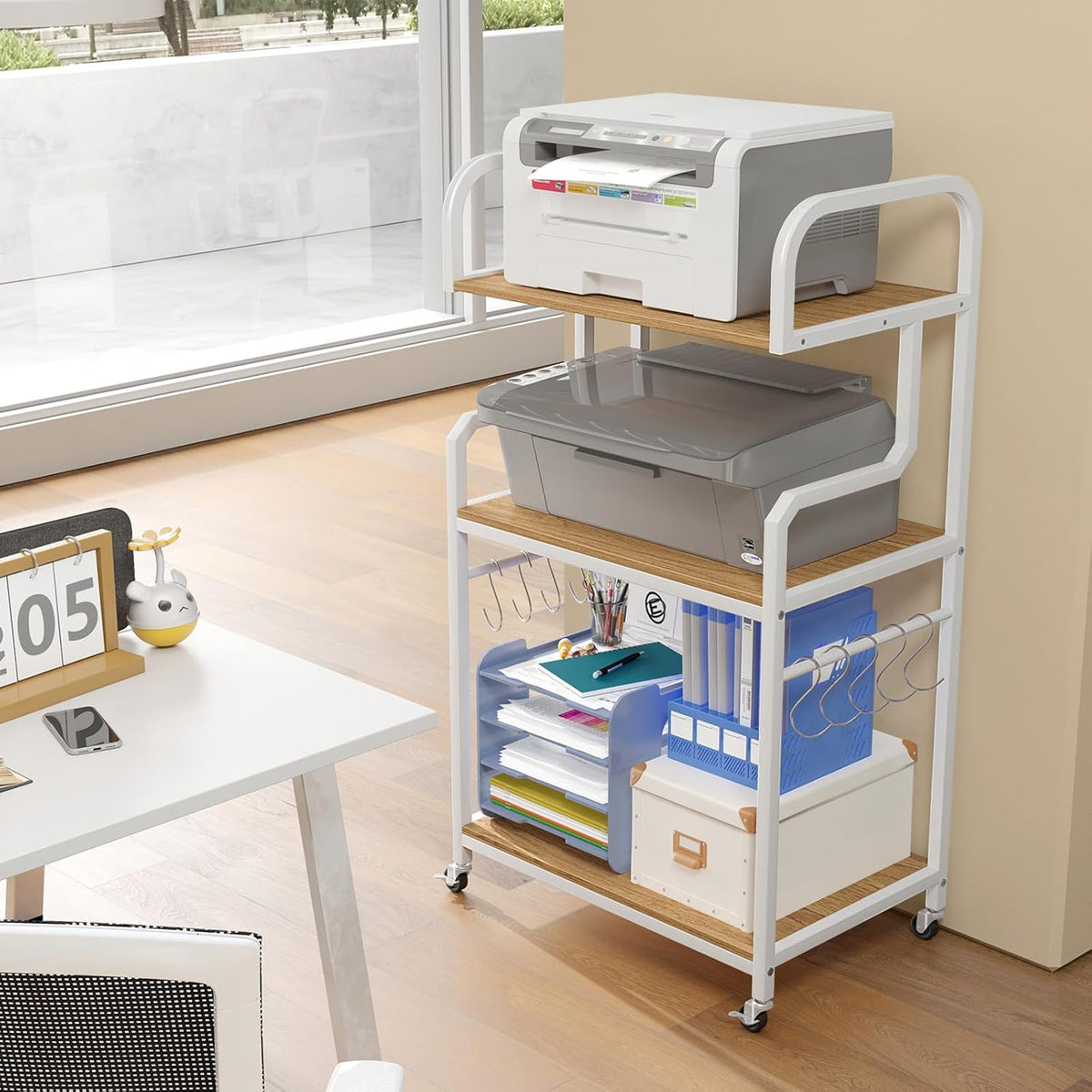 3-Tier Rolling Printer Stand, Home Office Large Printer Cart w/Storage Shelves
