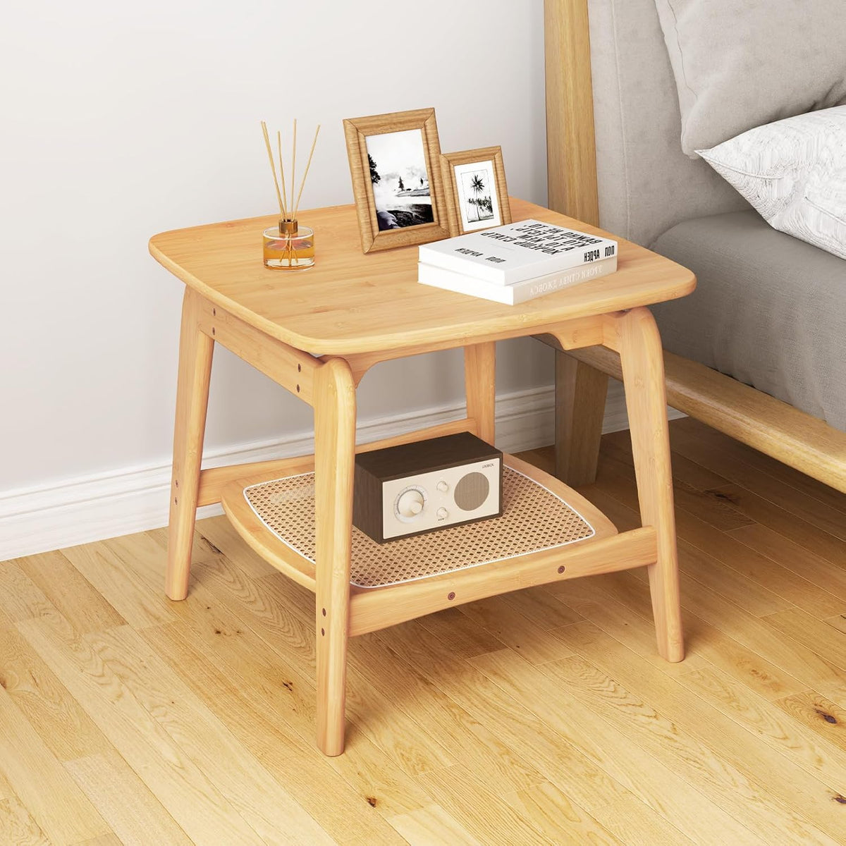 Bamboo Sofa Side Table with Faux Rattan Storage Shelf