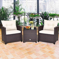 3 Pieces Patio Lounge Set, PE Rattan Wicker Outdoor Sofa Set w/Washable Cushion and Tempered Glass Tabletop