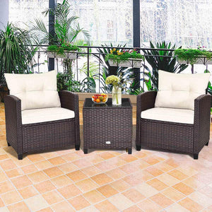 3 Pieces Patio Lounge Set, PE Rattan Wicker Outdoor Sofa Set w/Washable Cushion and Tempered Glass Tabletop