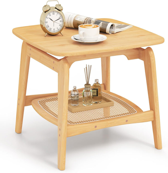 Bamboo Sofa Side Table with Faux Rattan Storage Shelf