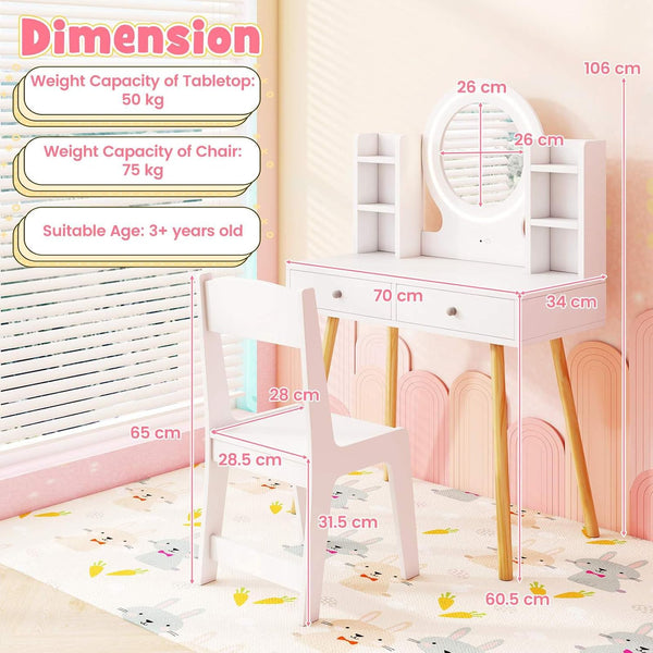 Wooden Kids Vanity Set, Princess Dressing Table and Chair Set with 2-Color Front Lit Mirror